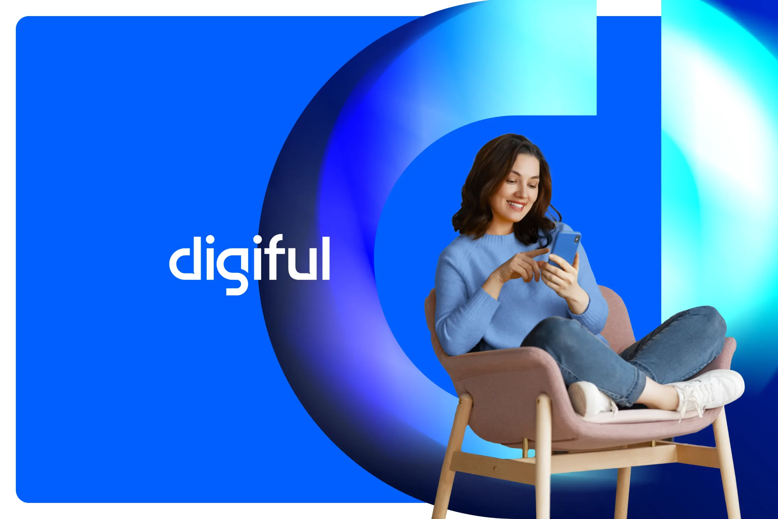 Digital - Brand panel lockup featuring digital logo and young woman using the app on a chair.
