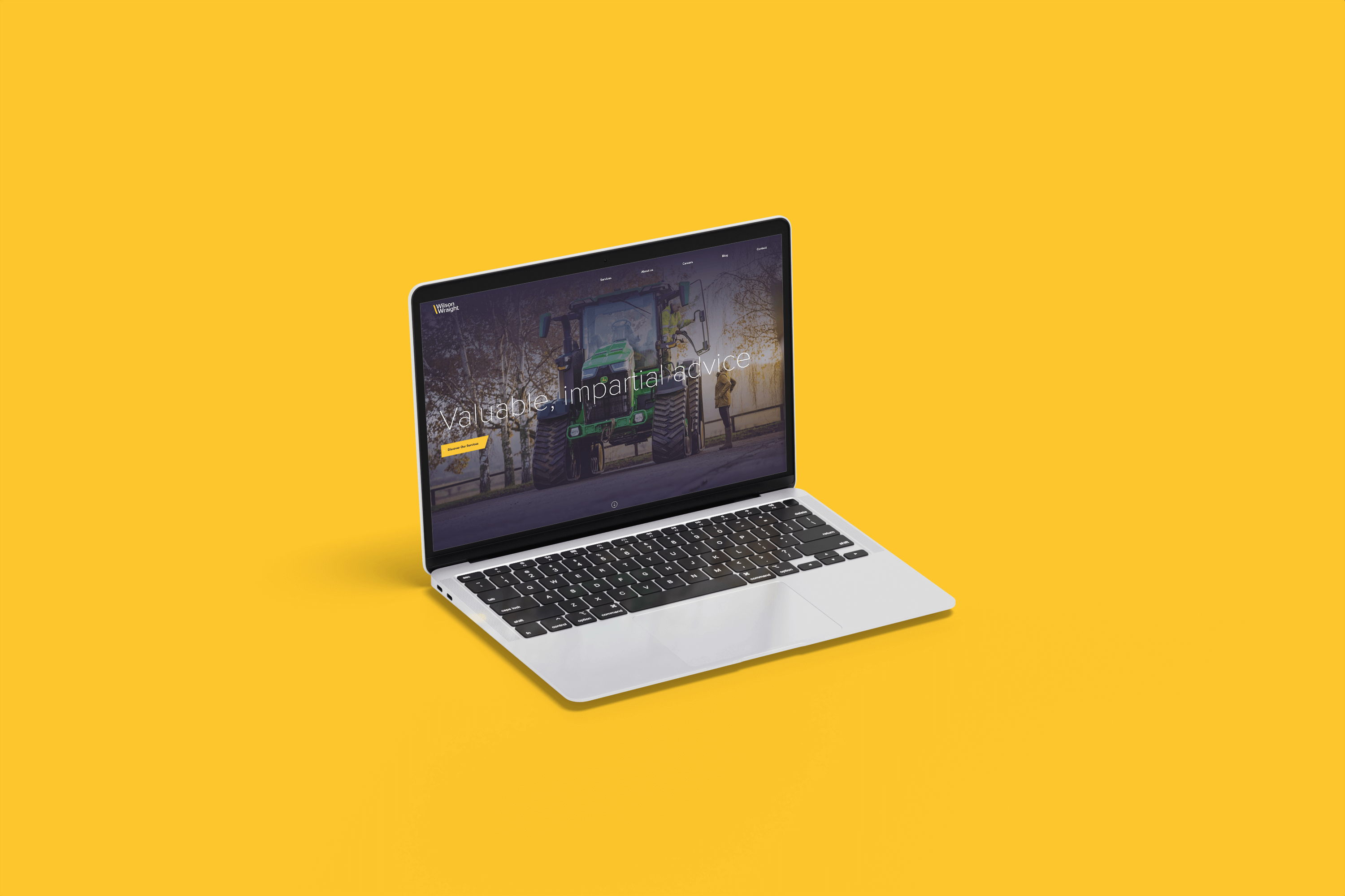 Website design for Wilson Wraight - Agricultural Management Specialists in Bury St Edmunds - Yellow background with MacBook computer showing their new website